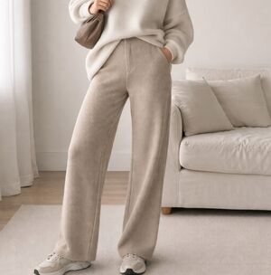 Commense Ribbed Knit Wide Leg Pants Neutral Oatmeal Minimalist Cozy Lounge Soft